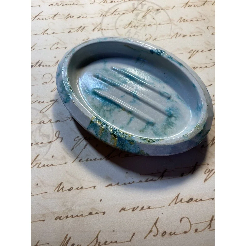 Handmade Soap Dish Cement Soap Holder Oval Bathroom Kitchen Marbled Teal